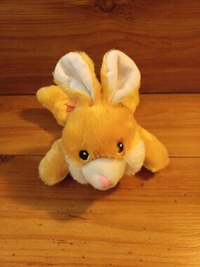 Greenbrier Yellow Bunny Rabbit Plush Stuffed Animal White Bow Laying Lying Down